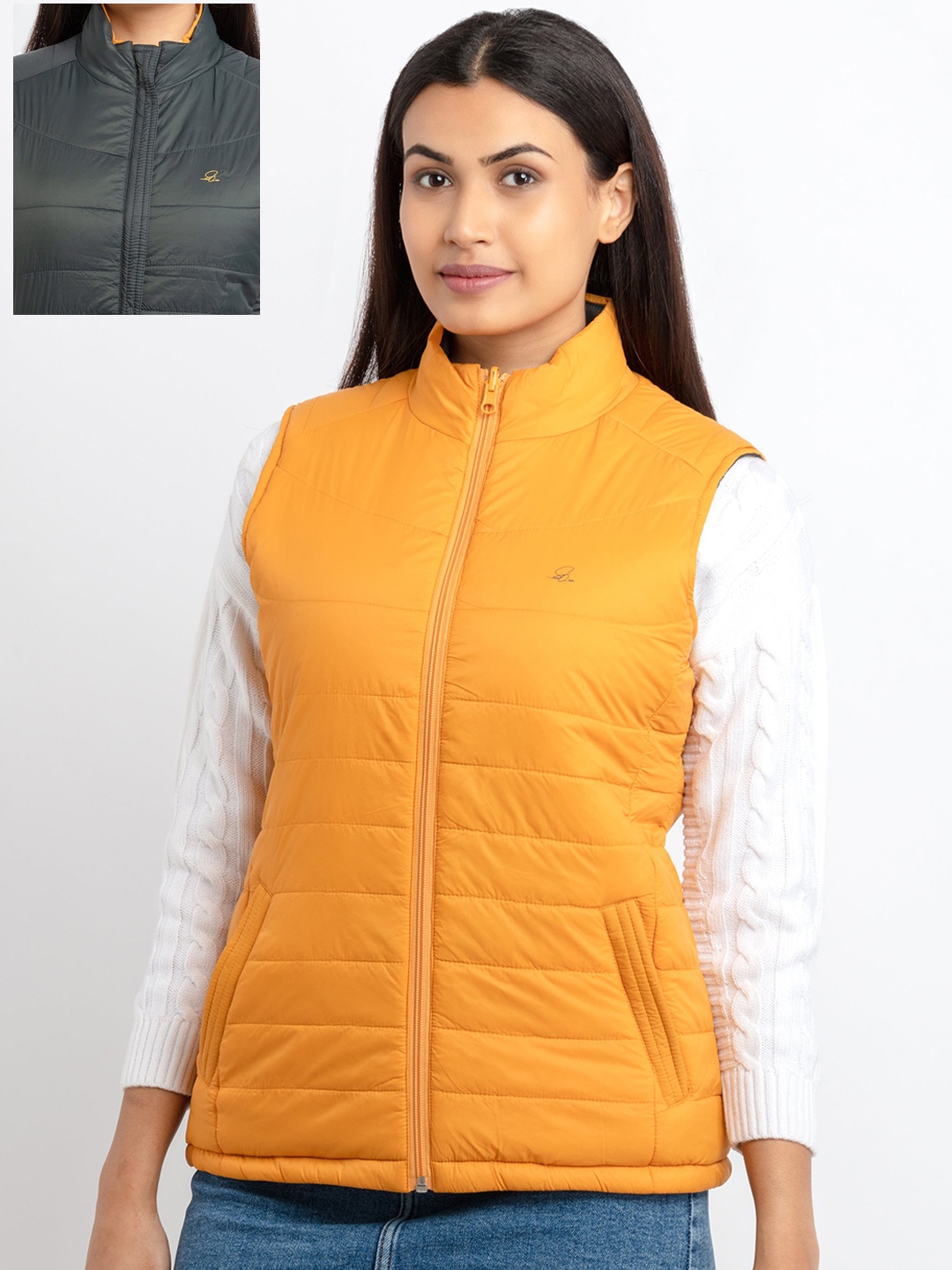 

Status Quo Women Mustard Yellow & Grey Reversible Padded Jacket