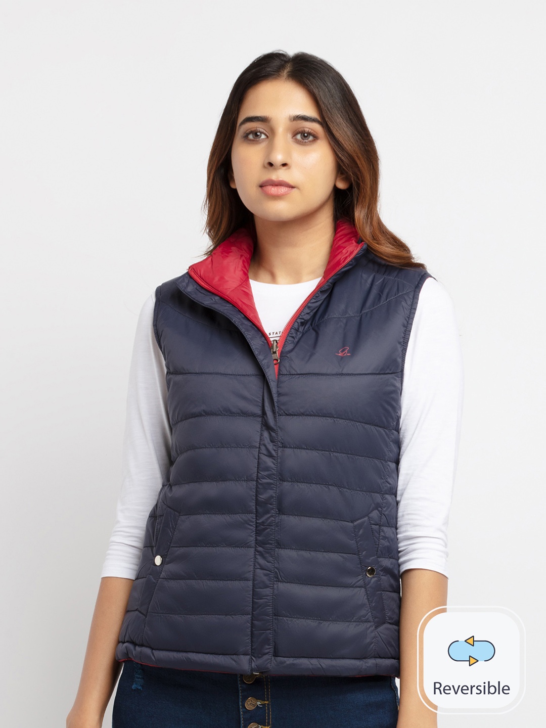 

Status Quo Women Maroon Navy Blue Reversible Puffer Jacket