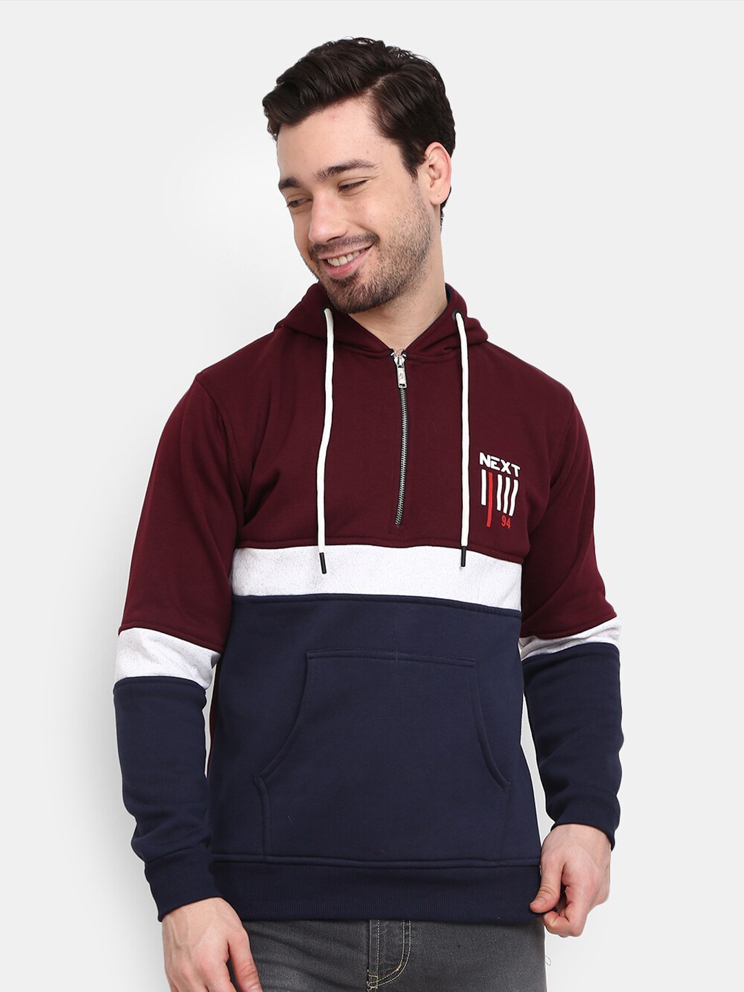 

V-Mart Men Maroon & Navy Blue Colourblocked Hooded Sweatshirt