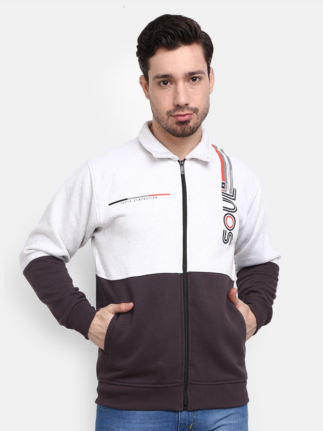 

V-Mart Men White & Grey Melange Colourblocked Sweatshirt