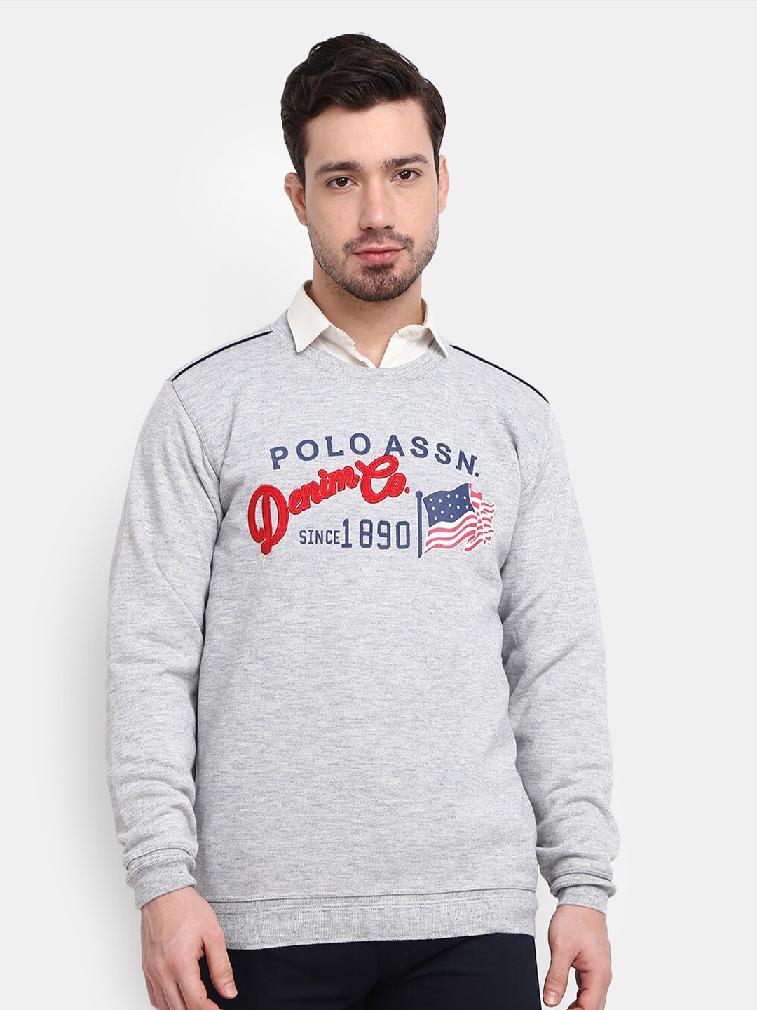 

V-Mart Men Grey Melange Printed Round Neck Fleece Sweatshirt