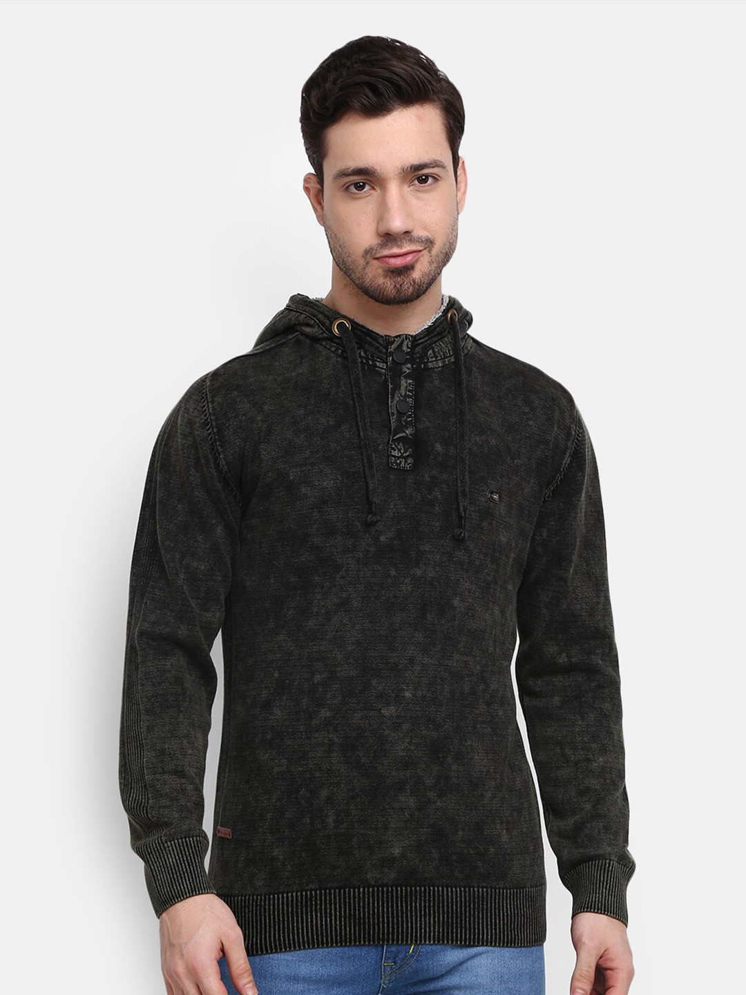 

V-Mart Men Grey & Black Self Design Hooded Sweatshirt