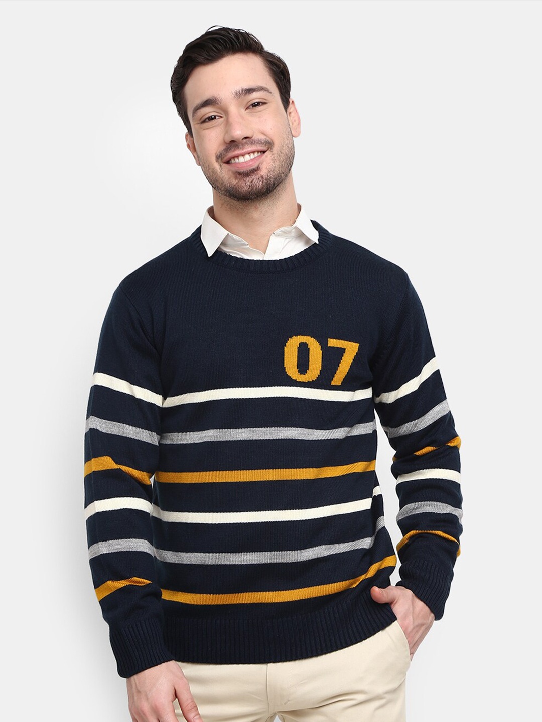 

V-Mart Men Navy Blue Striped Round Neck Sweatshirt