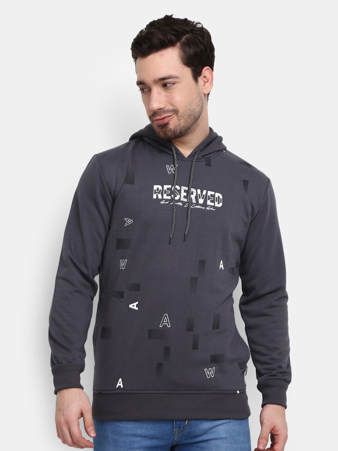 

V-Mart Men Grey Printed Hooded Fleece Sweatshirt