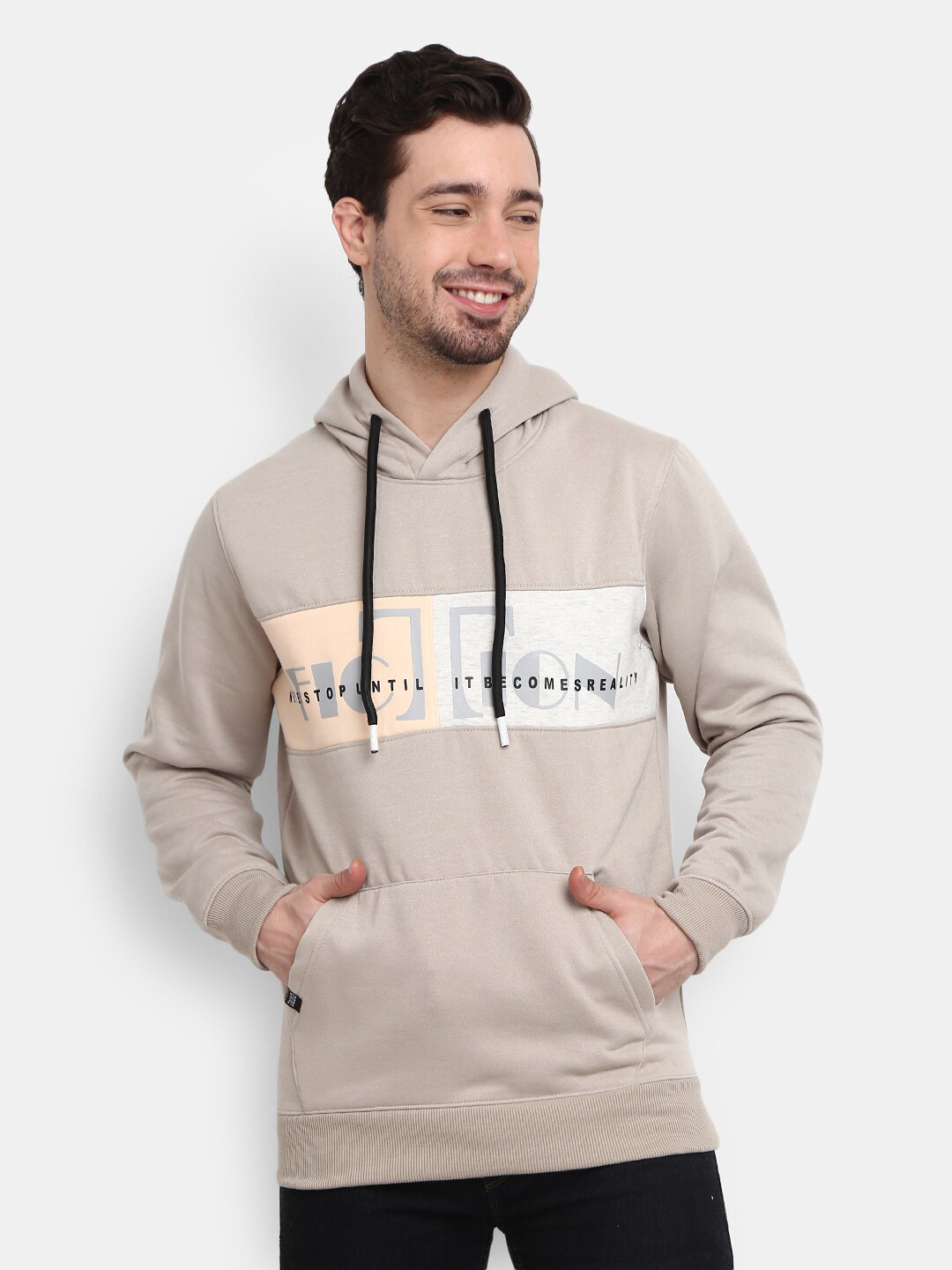 

V-Mart Men Grey Typography Printed Hooded Fleece Sweatshirt
