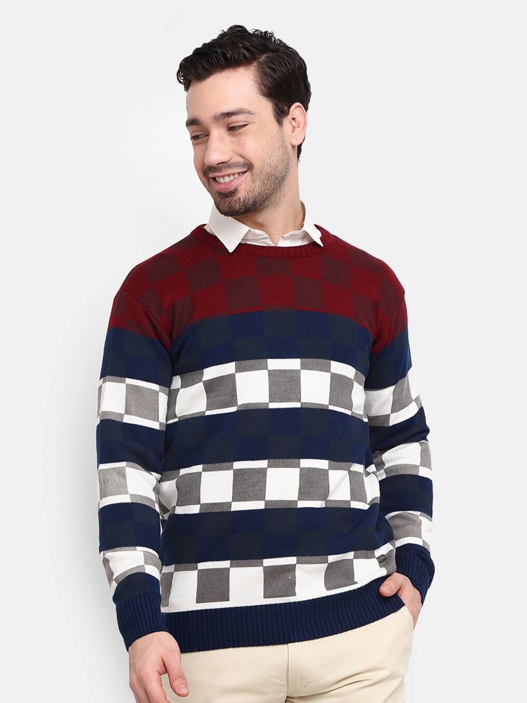 

V-Mart Men Navy Blue & White Striped Fleece Sweatshirt