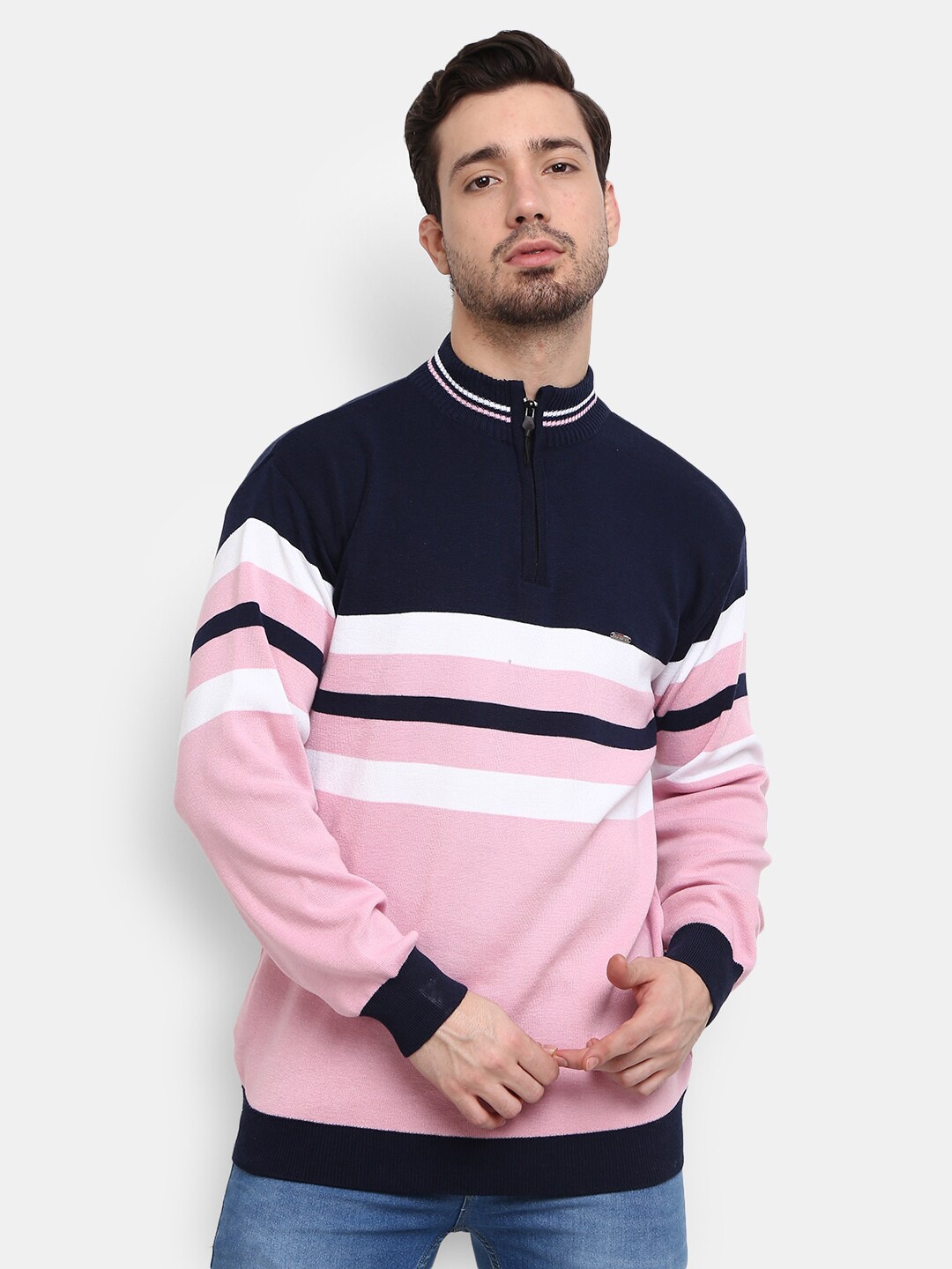 

V-Mart Men Peach-Coloured & Blue Colourblocked Acrylic Sweatshirt