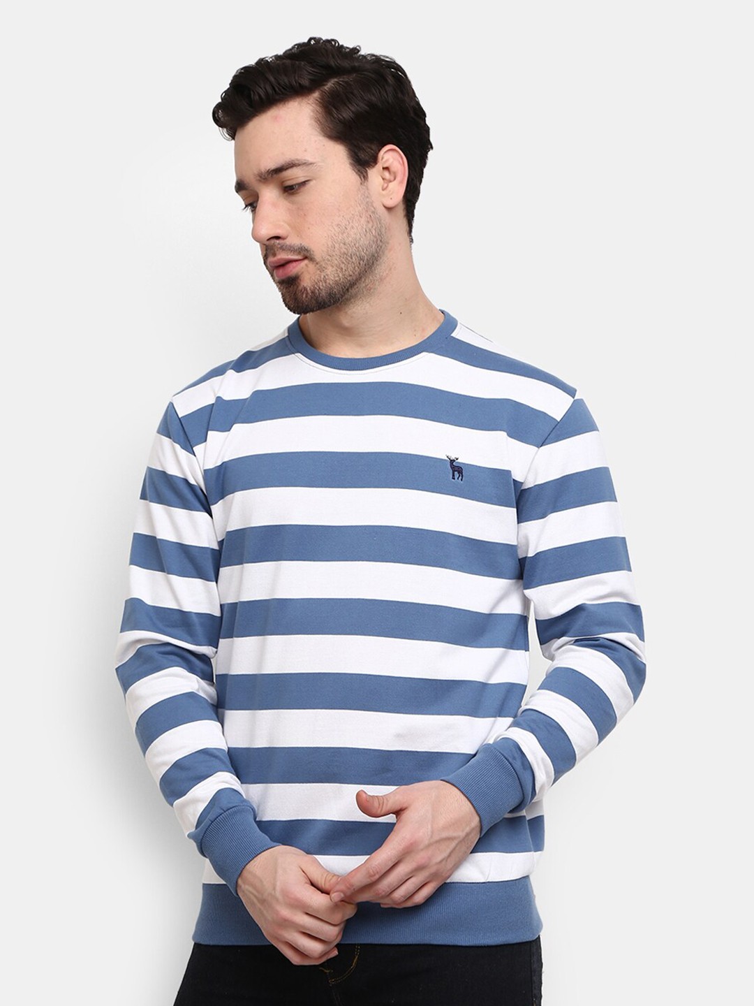 

V-Mart Men Blue Striped Fleece Sweatshirt