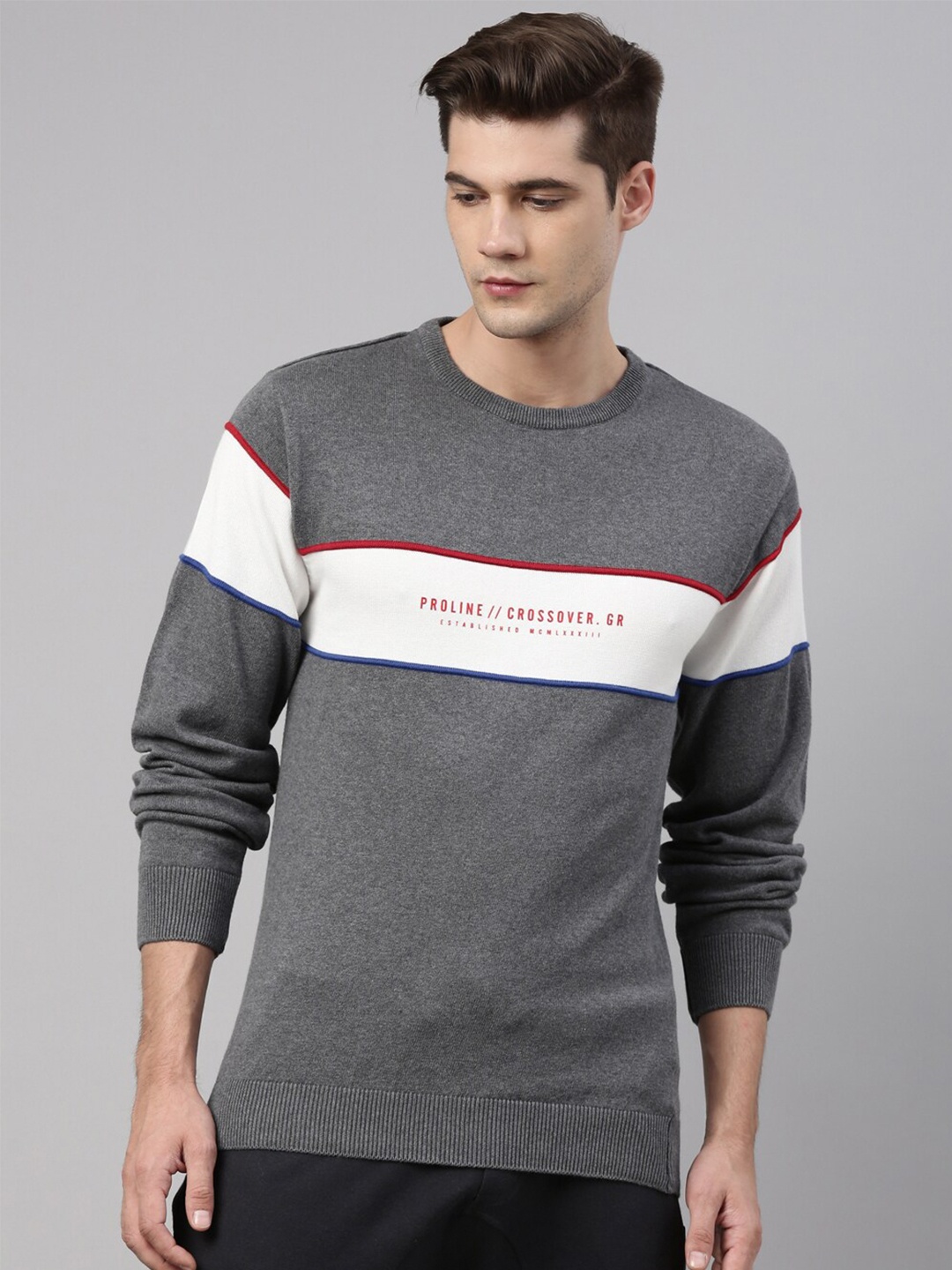

Proline Active Men Grey & White Colourblocked Colourblocked Pullover