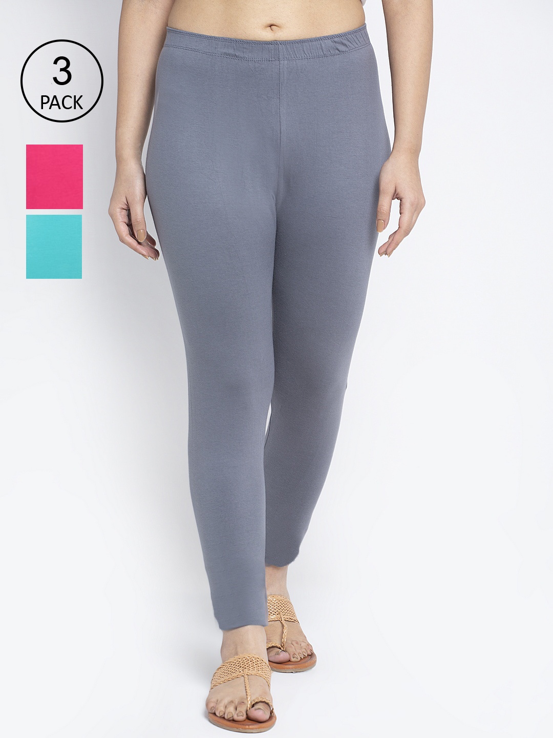 

Jinfo Women Pack Of 3 Grey & Pink Solid Ankle Length Leggings