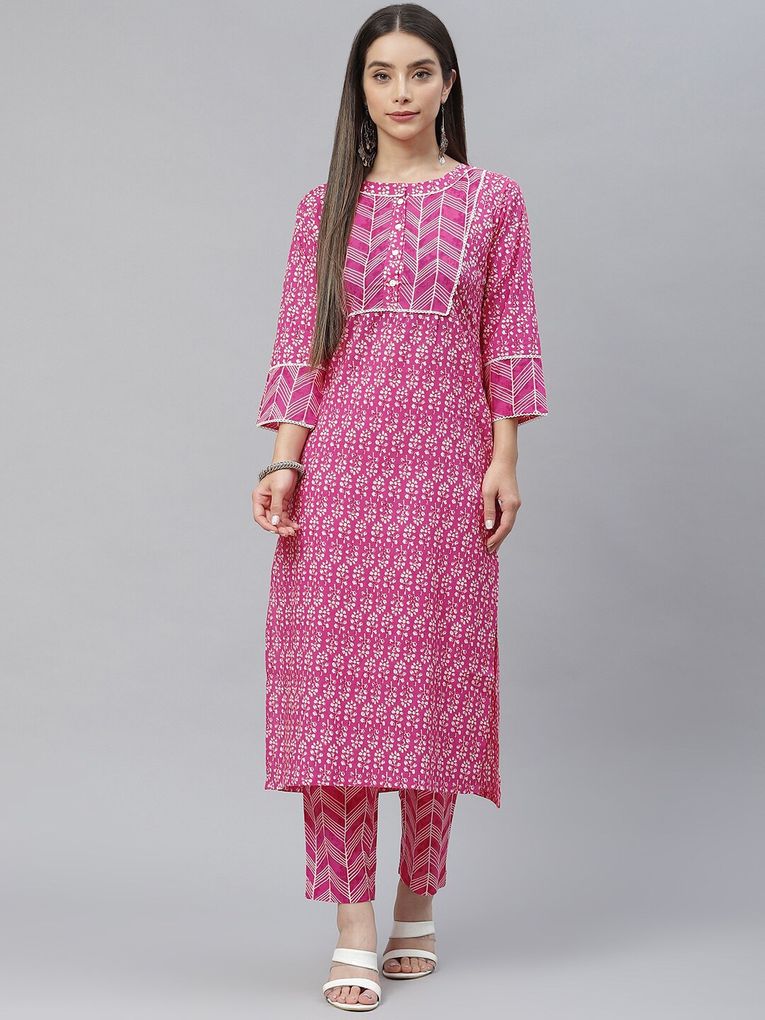 

Indibelle Mandarin Collar Floral Printed Cotton Kurta, Pink