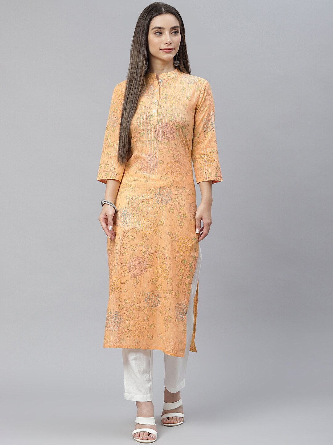 

Indibelle Women Orange Floral Printed Cotton Kurta