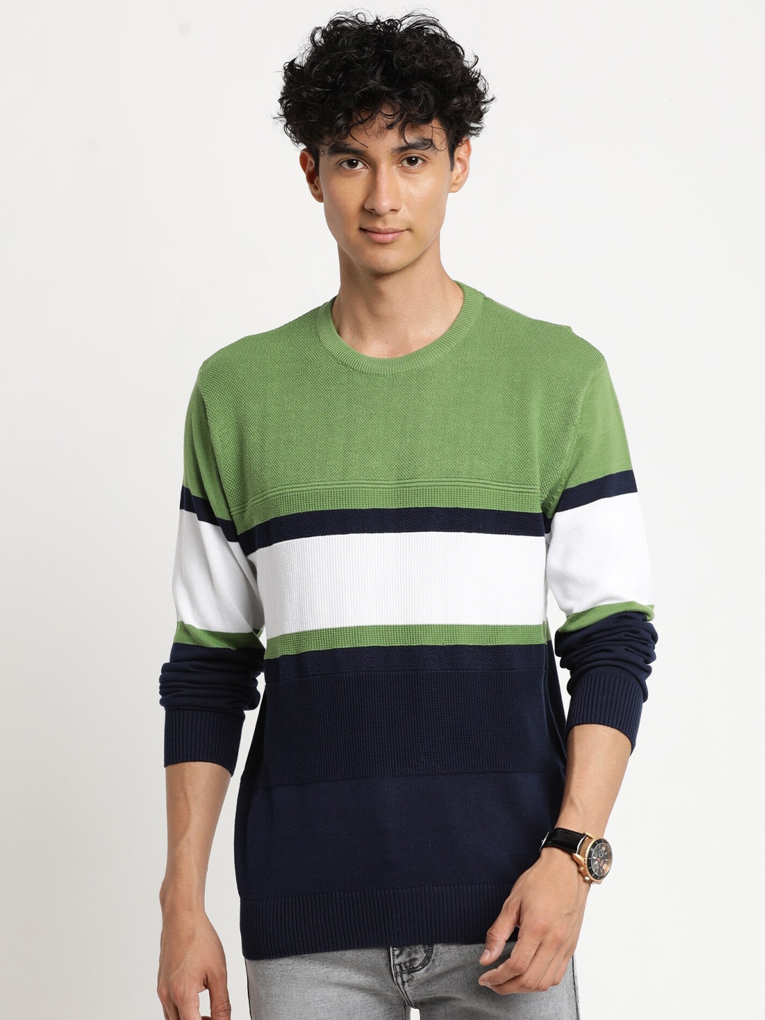 

Turtle Men Green & Navy Blue Colourblocked Colourblocked Pullover