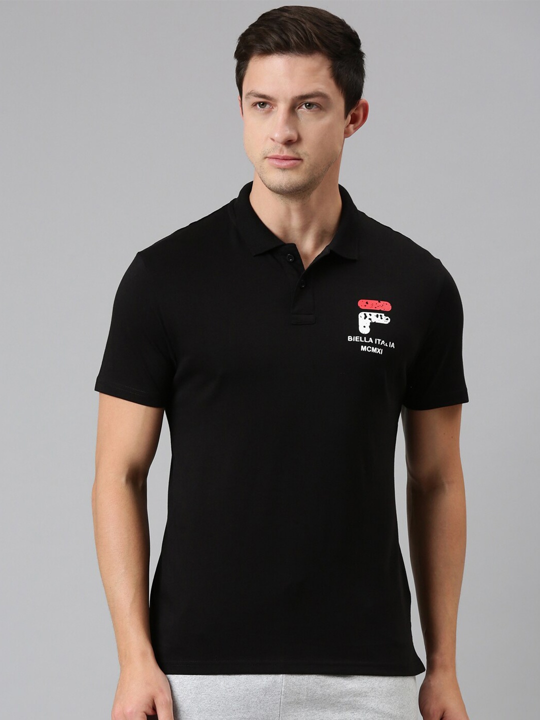 

FILA Men Black Polo Collar Organic Cotton T-shirt