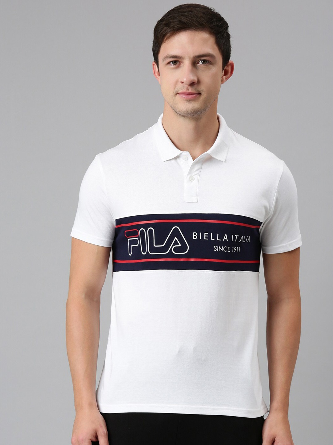 

FILA Men White & Black Typography Printed Polo Collar Organic Cotton Shyam T-shirt