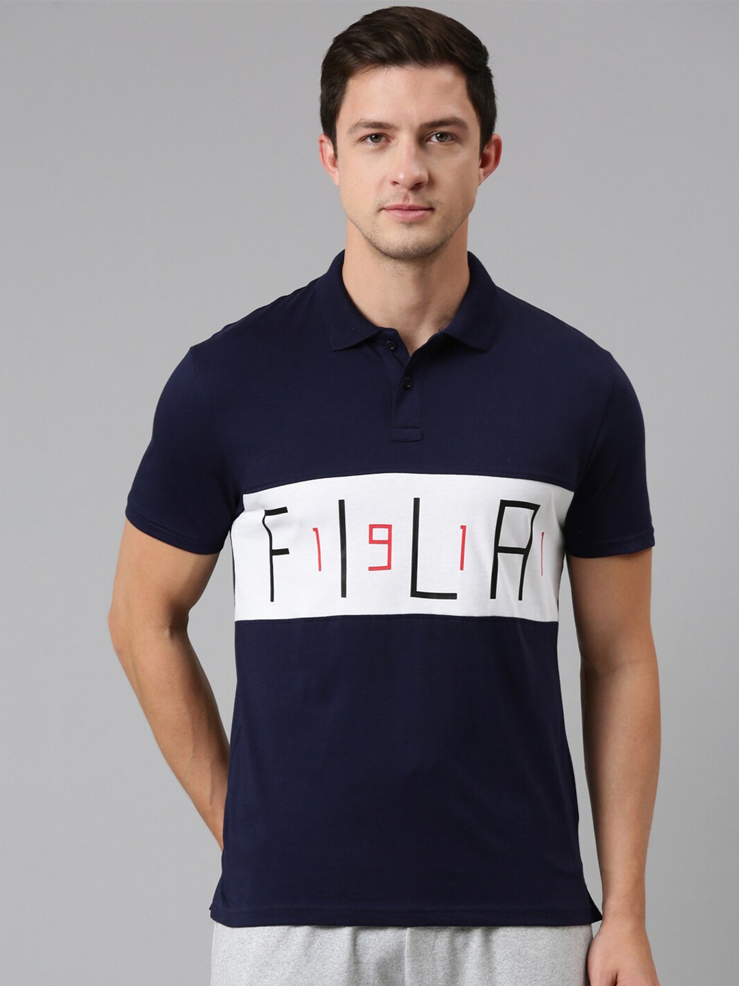 

FILA Men Navy Blue & White Colourblocked Polo Collar Organic Cotton Tannie T-shirt