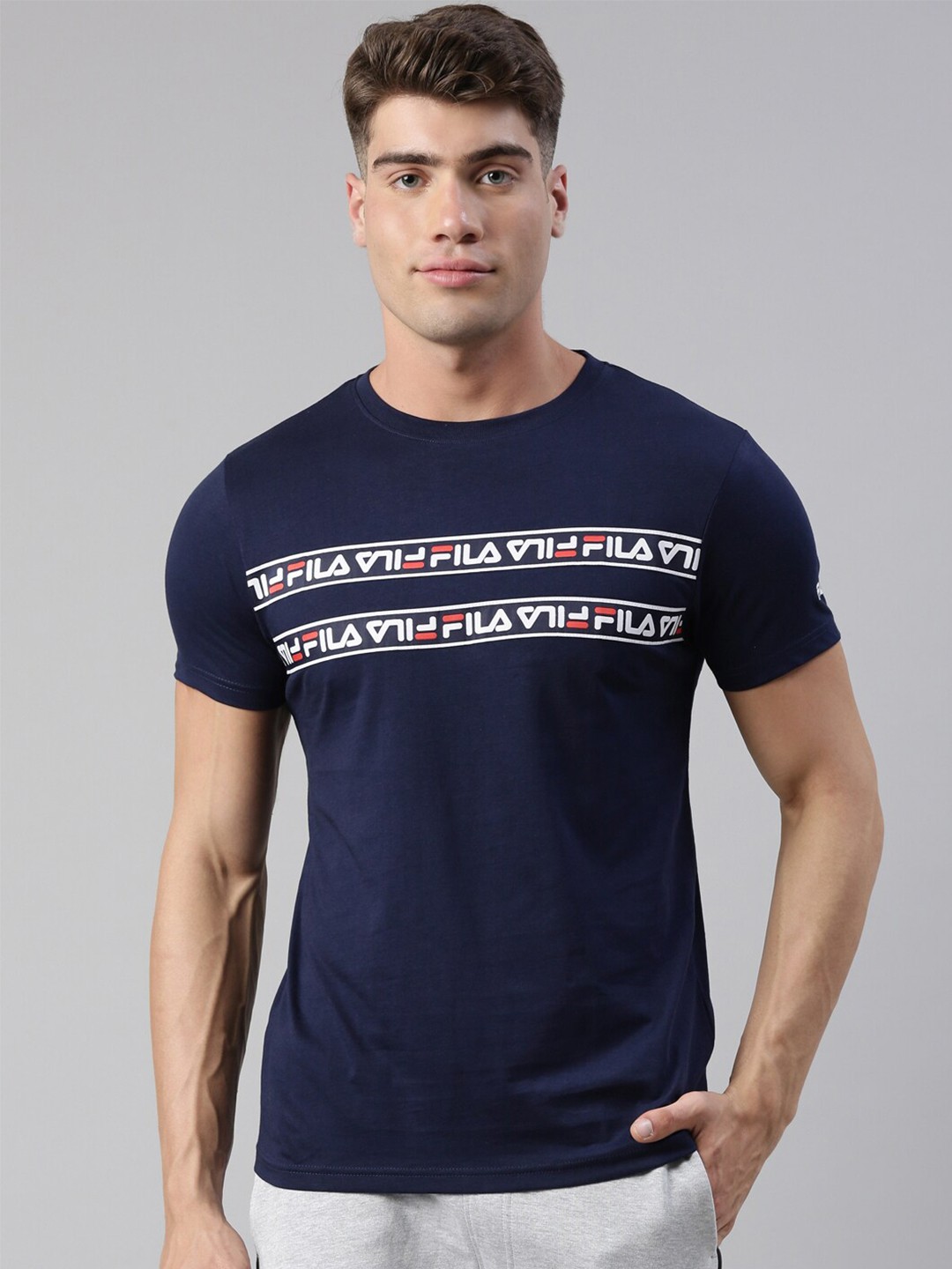 

FILA Men Navy Blue Typography Printed Organic Cotton T-shirt