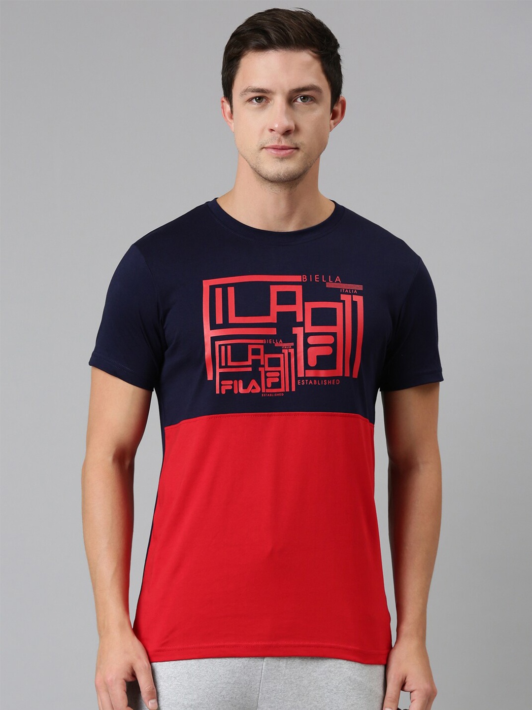 

FILA Men Navy Blue & Red Colourblocked Organic Cotton T-shirt