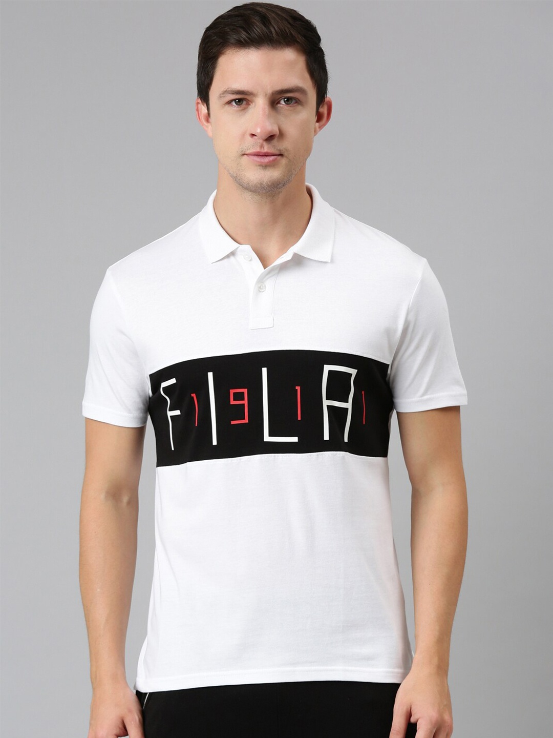 

FILA Men White & Black Colourblocked Polo Collar Organic Cotton Tannie T-shirt