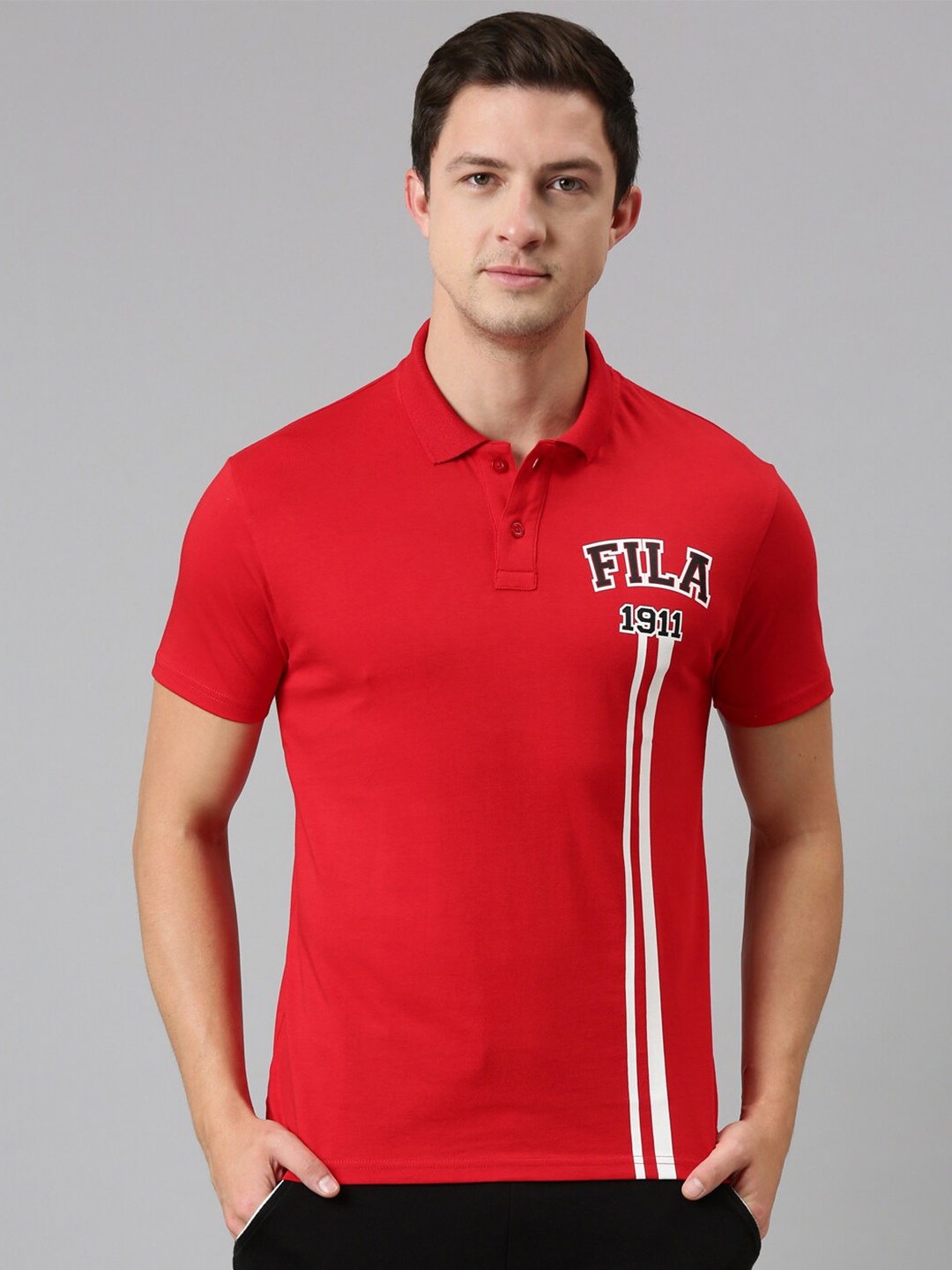 

FILA Men Red Brand Logo Printed Polo Collar Organic Cotton Rmjin T-shirt
