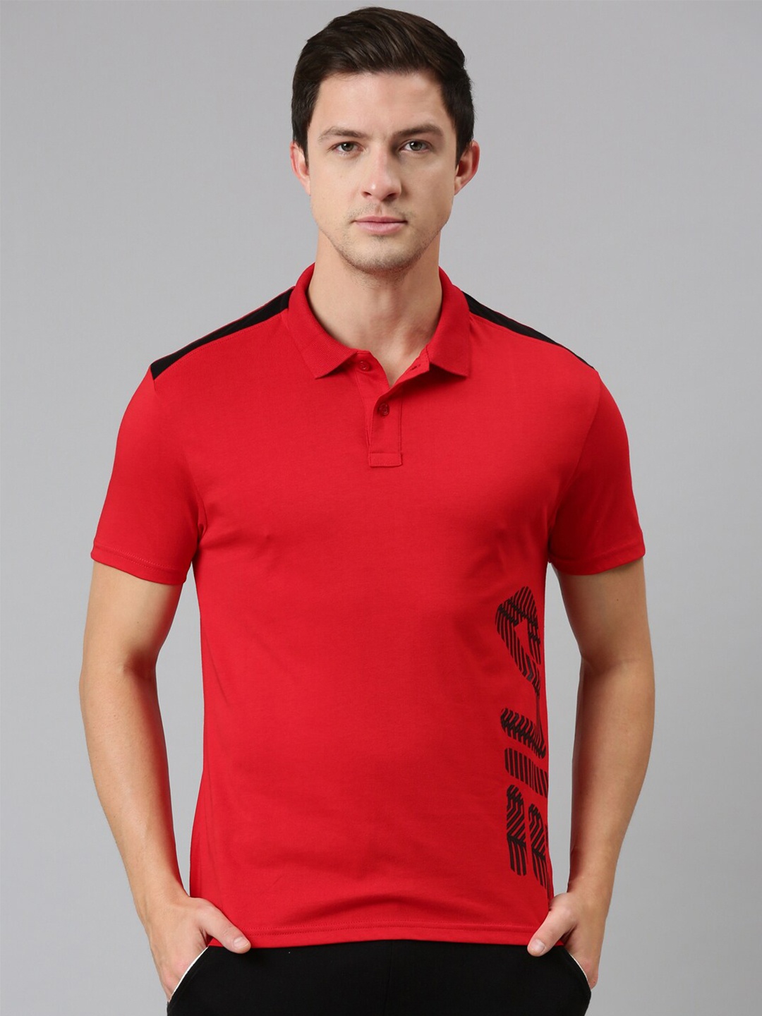 

FILA Men Red Brand Logo Printed Polo Collar Organic Cotton Somnath T-shirt
