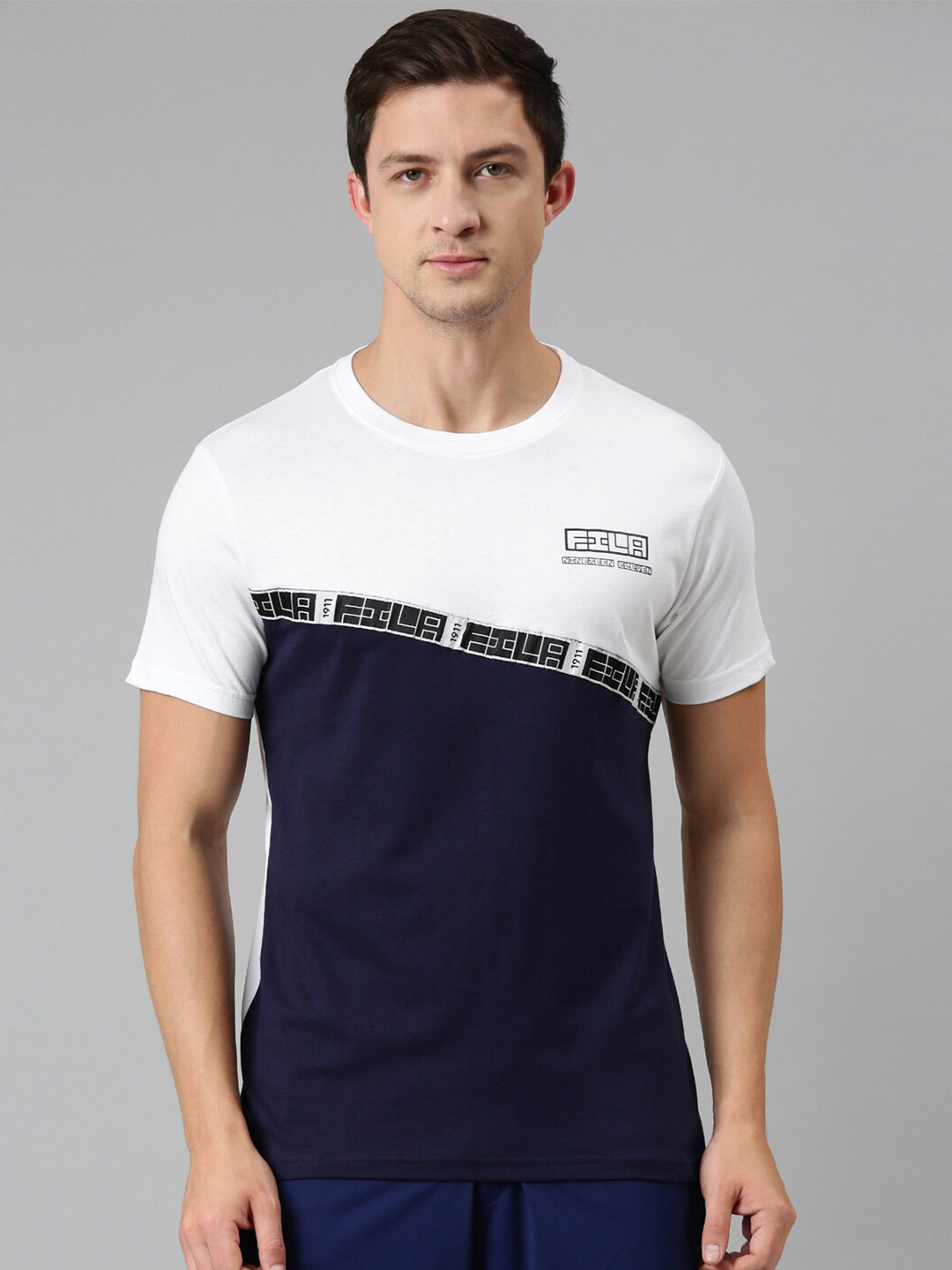 

FILA Men White & Navy Blue Colourblocked Organic Cotton T-shirt