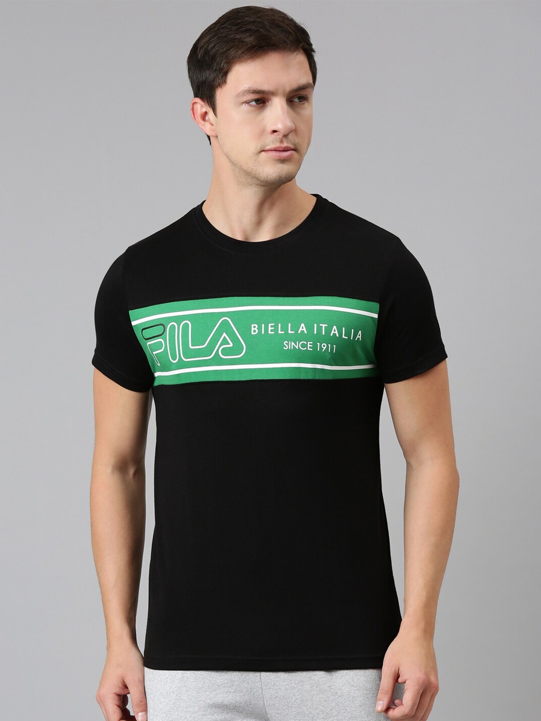 

FILA Men Black & Green Typography Printed Organic Cotton T-shirt