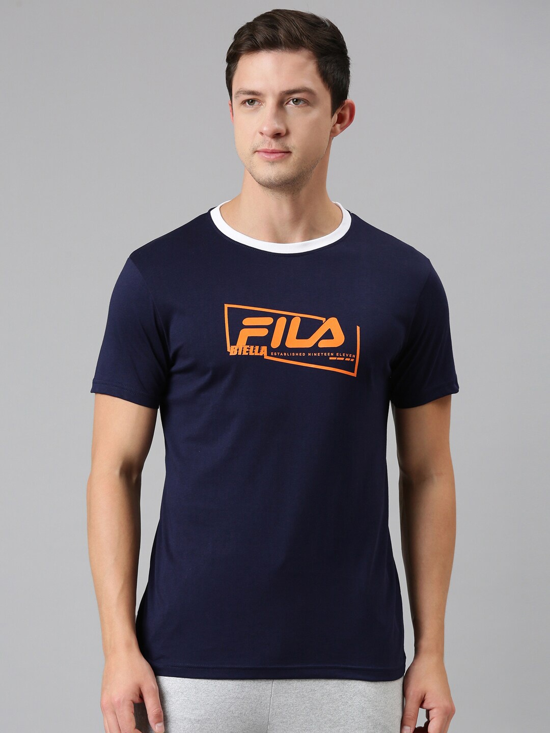 

FILA Men Navy Blue Typography Printed Organic Cotton T-shirt