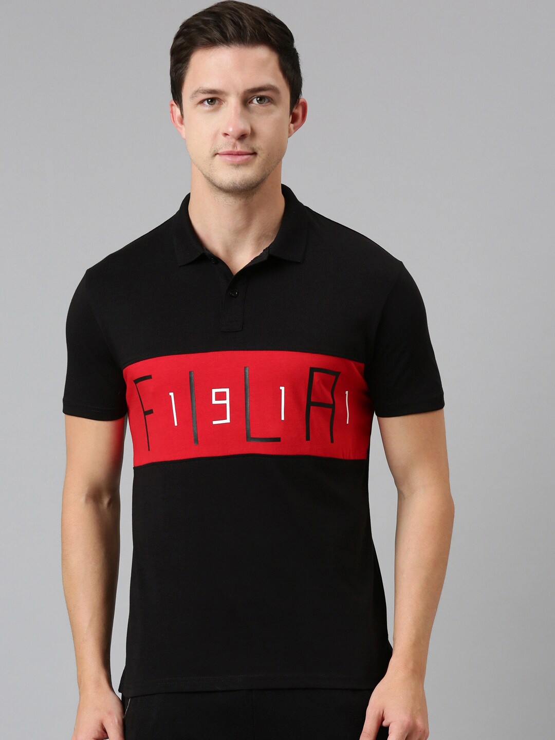 

FILA Men Black Typography Printed Polo Collar Organic Cotton Tannie T-shirt