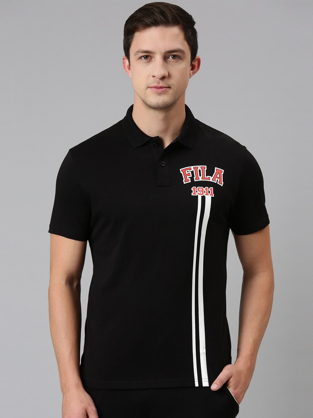

FILA Men Black Printed Polo Collar Organic Cotton T-shirt