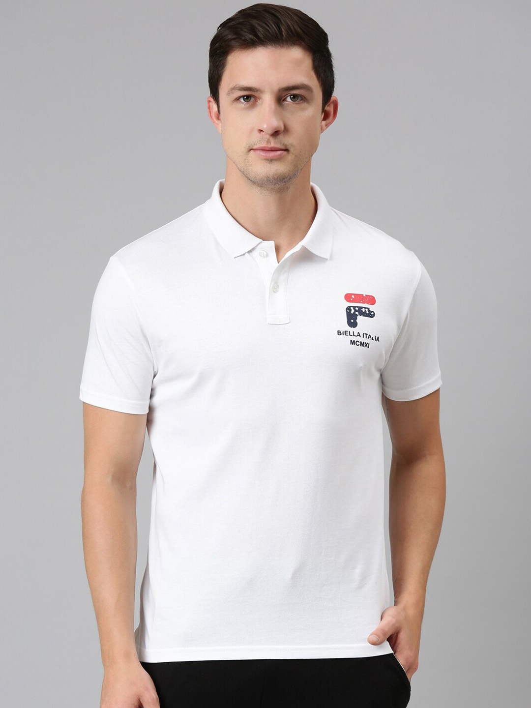 

FILA Men White Solid Polo Collar Organic Cotton T-shirt