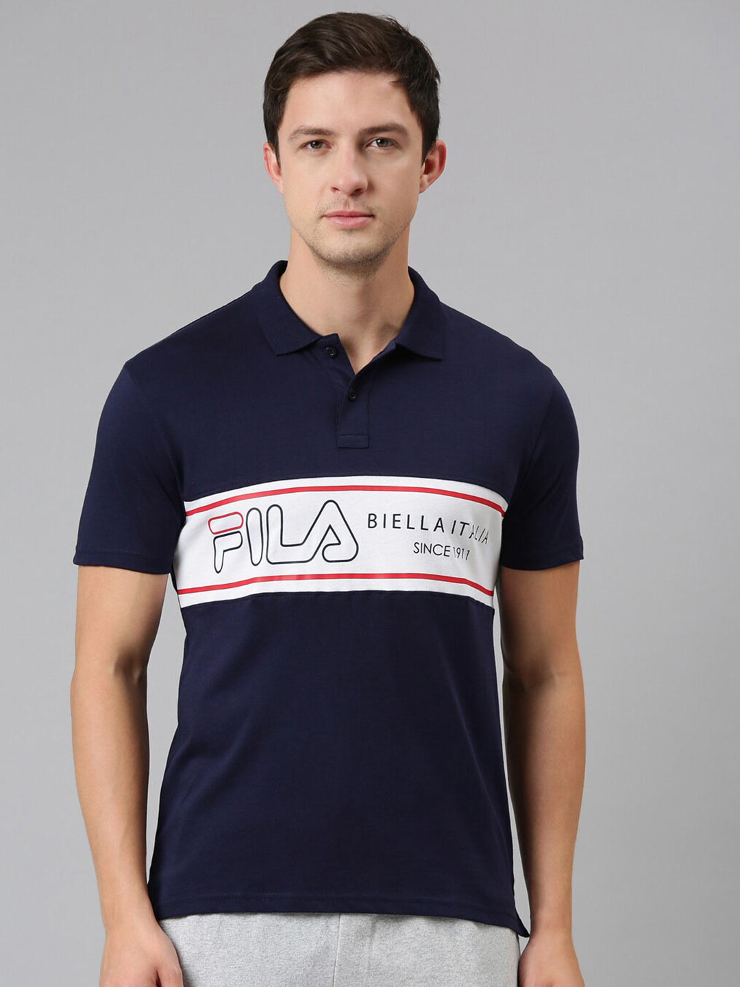 

FILA Men Blue Typography Printed Polo Collar Organic Cotton Shyam T-shirt