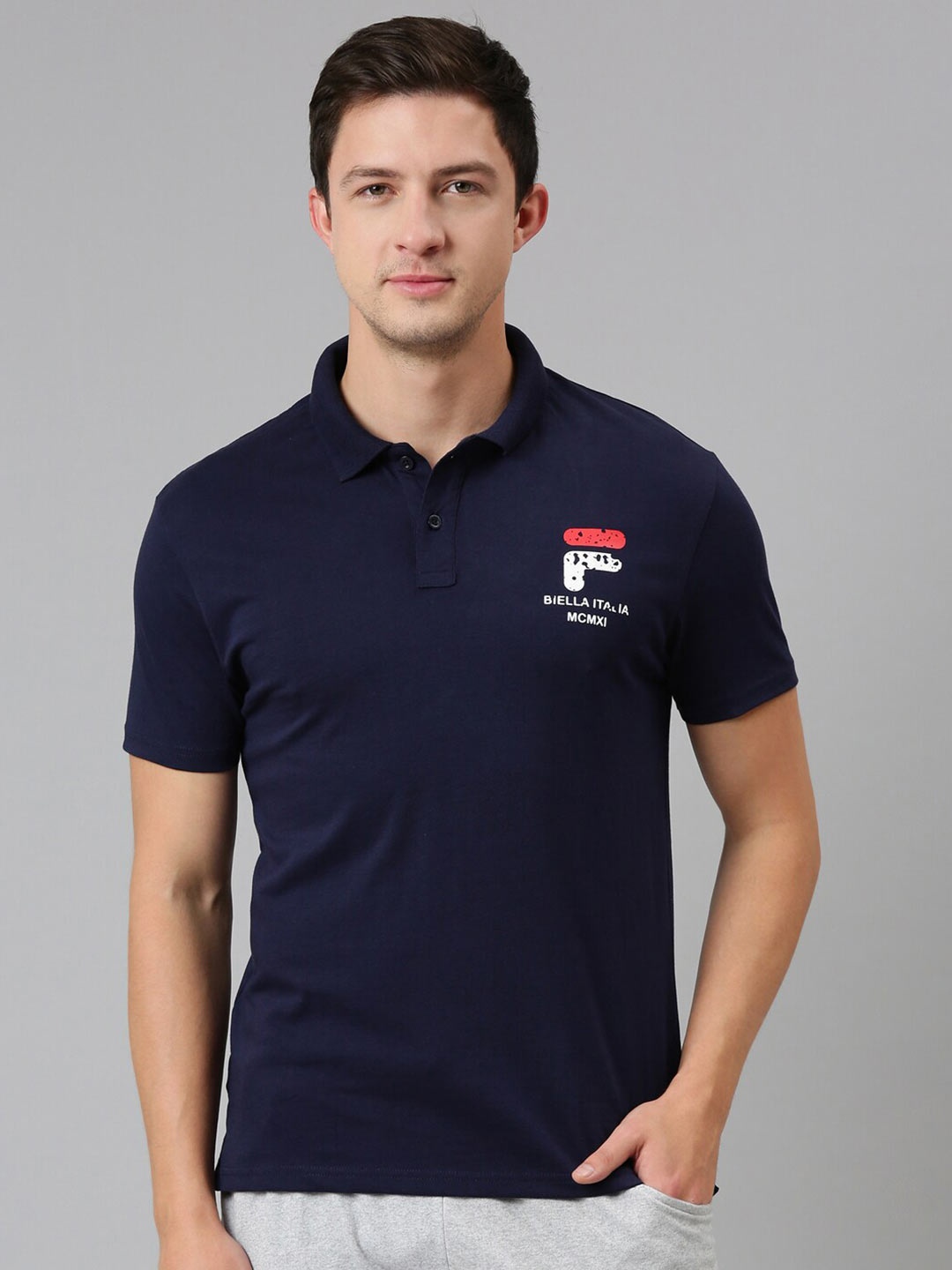

FILA Men Navy Blue Solid Polo Collar Organic Cotton T-shirt