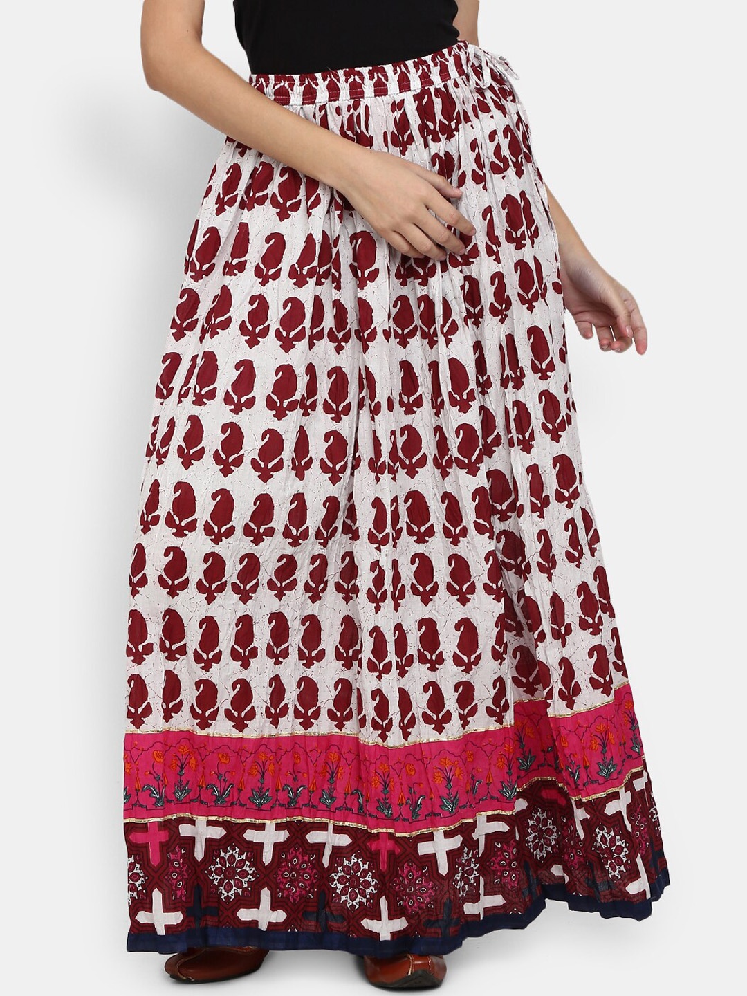 

V-Mart Women White & Maroon Ethnic Motif Printed Cotton Maxi Skirt
