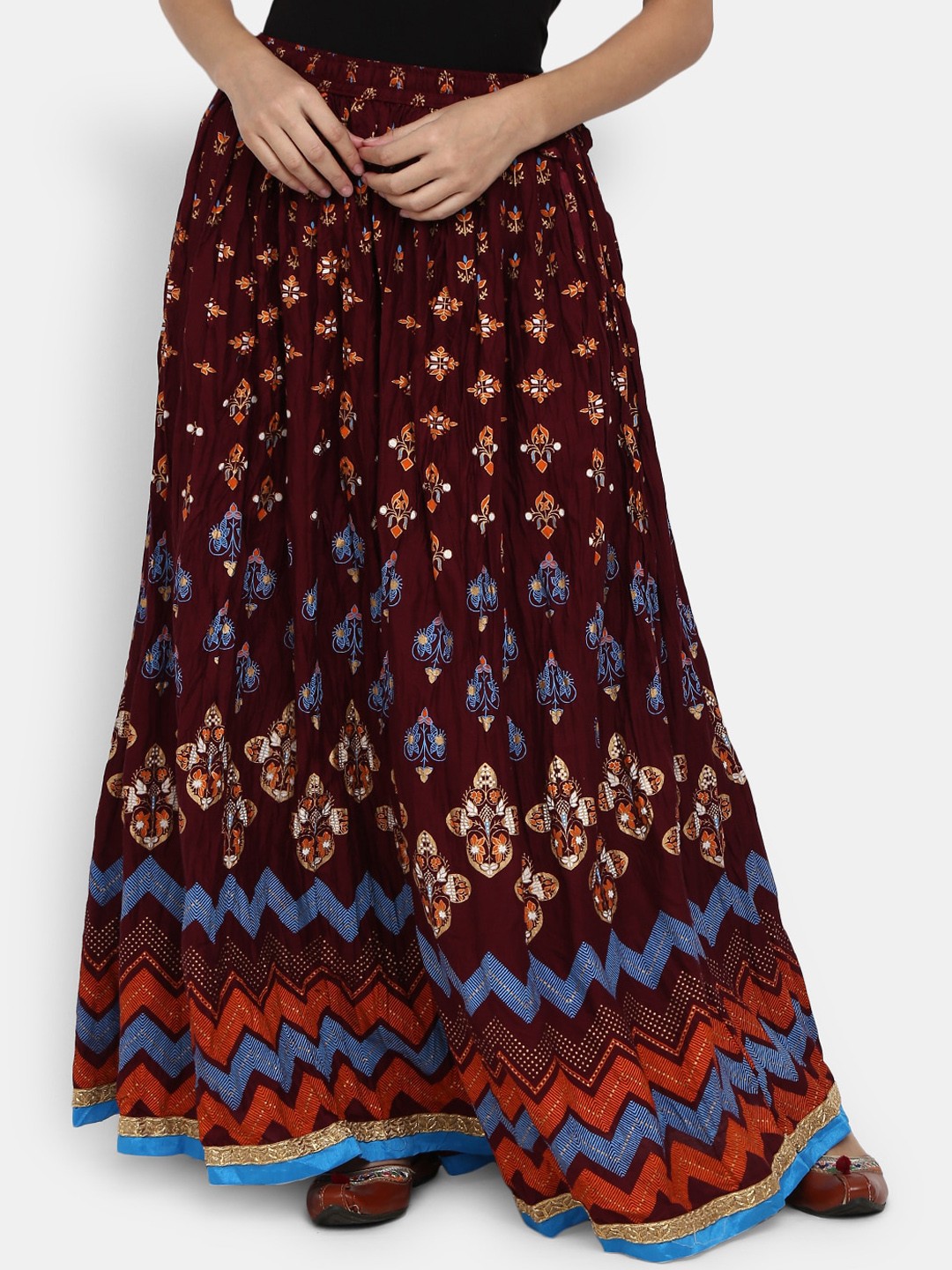 

V-Mart Women Maroon & Orange Ethnic Floral printed Flared Long Skirt