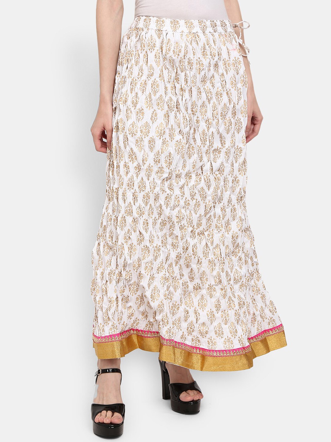 

V-Mart Women White & Gold Toned Ethnic Floral Motif Printed Skirt