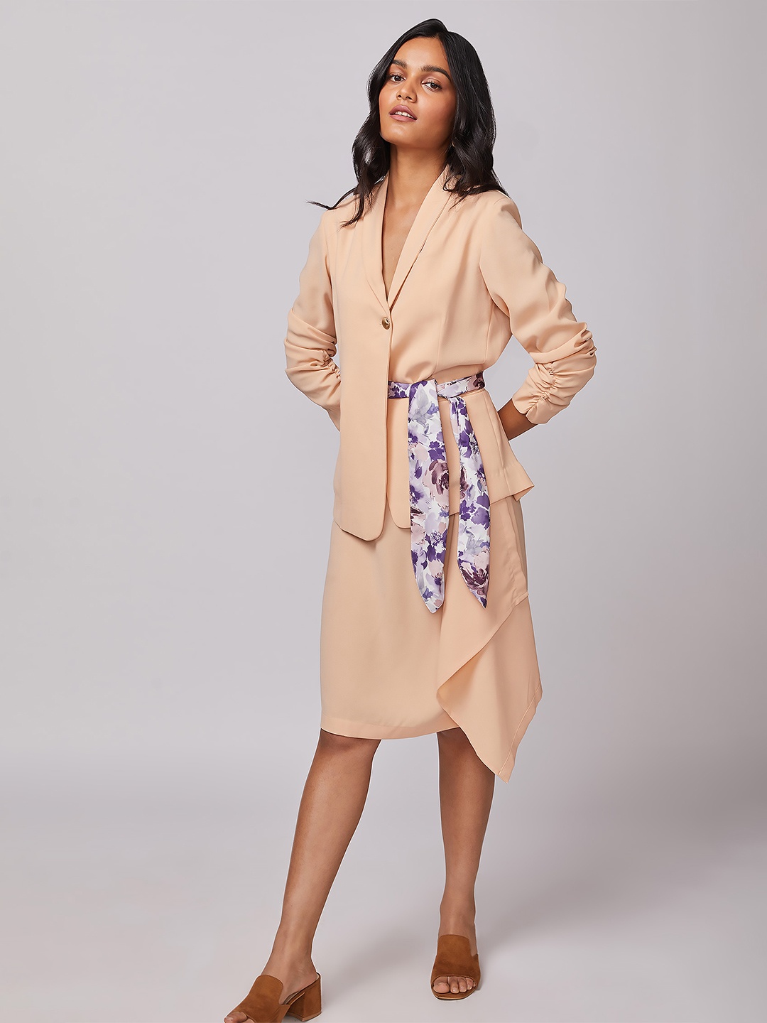 

NOT SO PINK Women Ruched Sleeve Blazer With Tie up, Peach