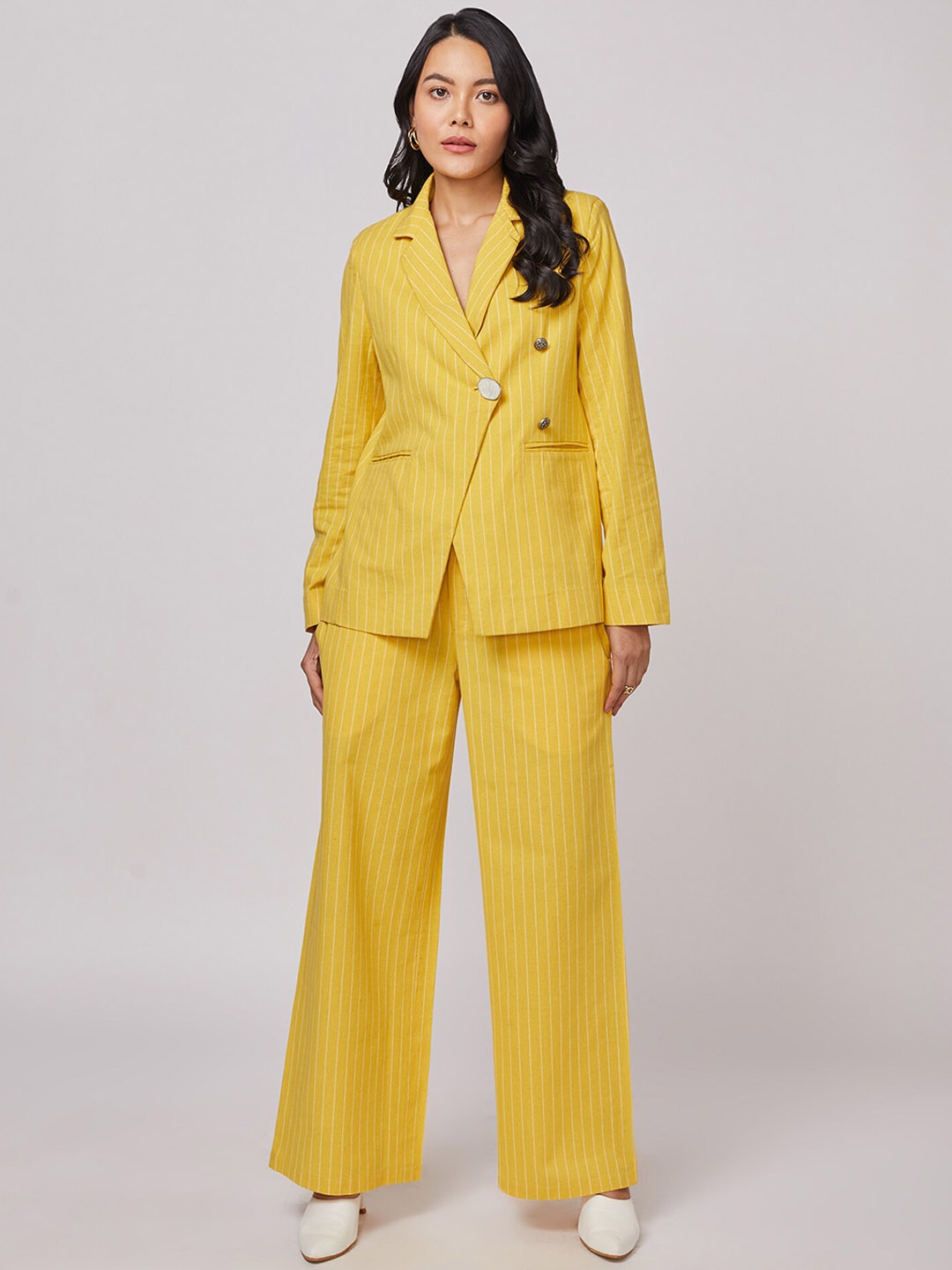 

NOT SO PINK Women Mustard Yellow Striped Single-Breasted Overlap Blazer