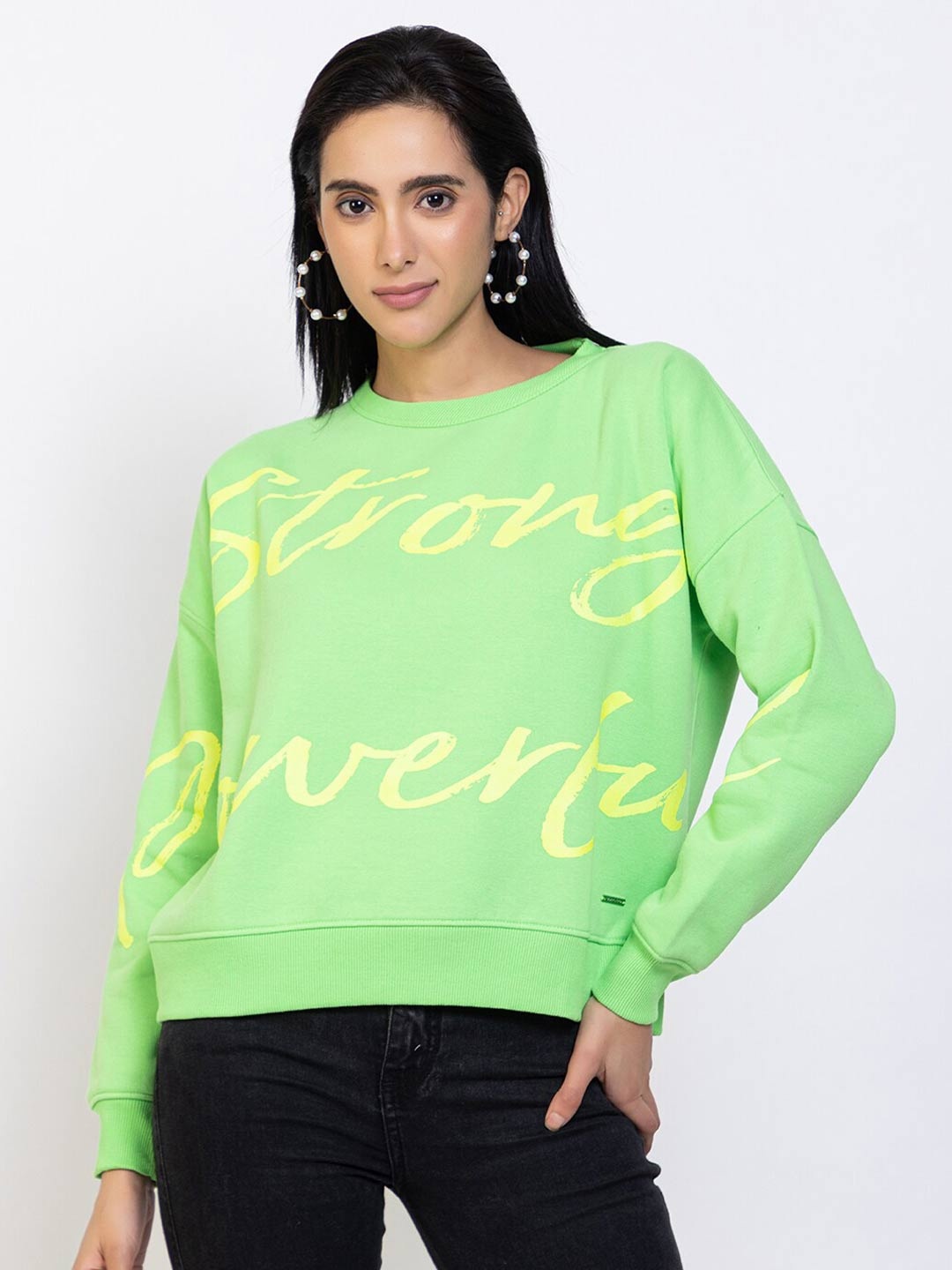 

Species Women Green Printed Round Neck Fleece Sweatshirt