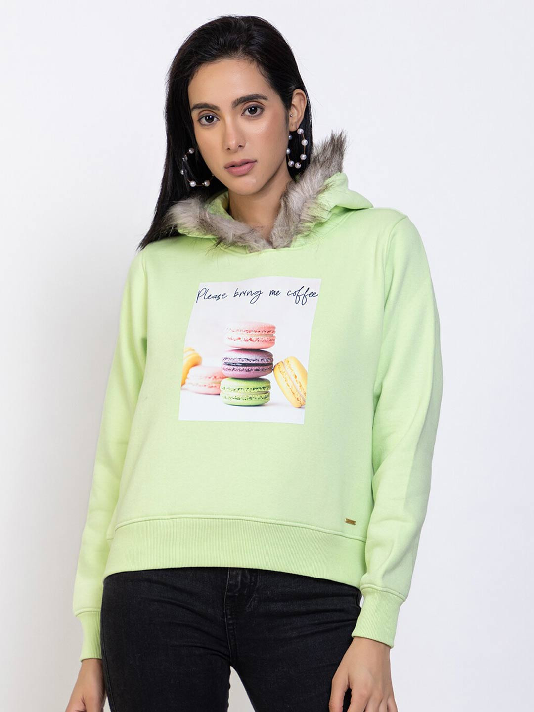

Species Women Green Printed Hooded Sweatshirt