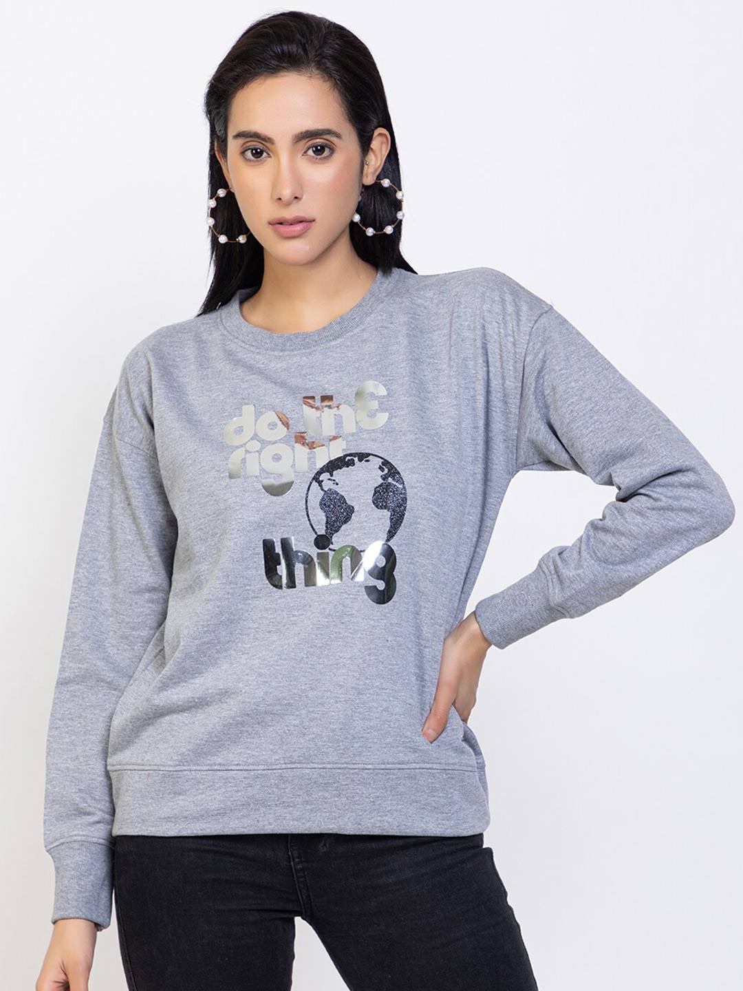 

Species Women Grey Melange Printed Sweatshirt