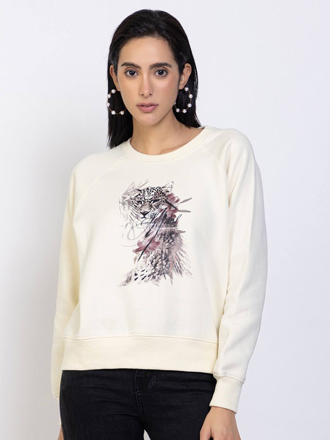 

Species Women Cream-Coloured Graphic Printed Sweatshirt