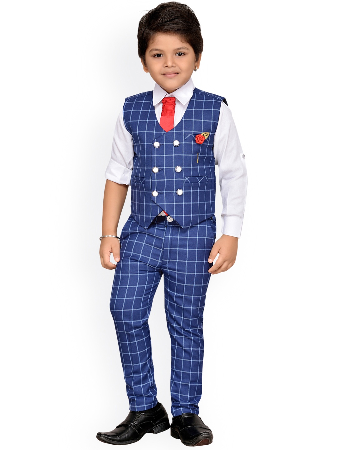 

Aj DEZInES Boys Blue & White Checked Double-Breasted Regular Fit Party Waistcoat Suit