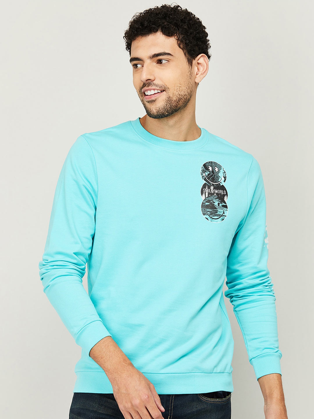 

SmileyWorld Men Blue Printed Cotton Sweatshirt