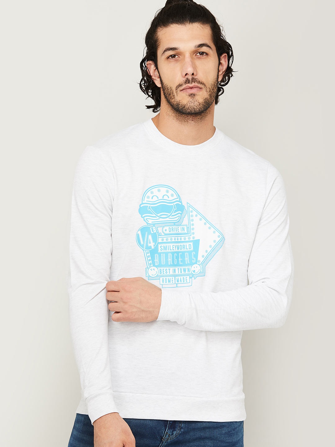 

SmileyWorld Men White Printed Cotton Sweatshirt