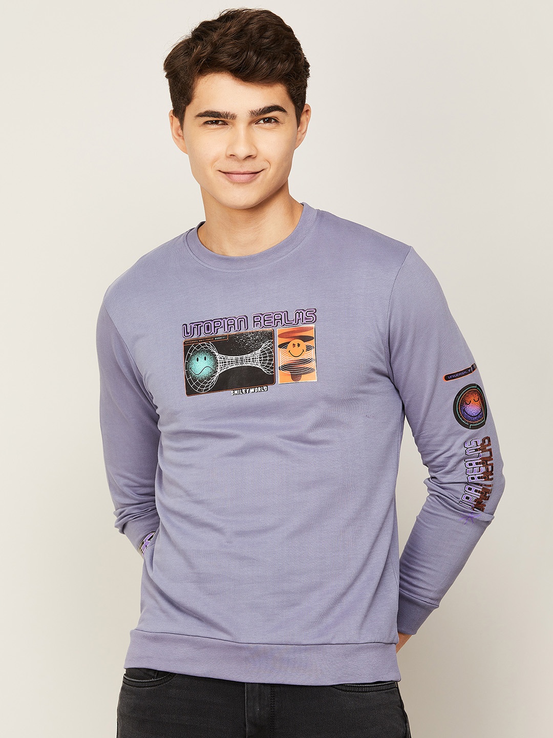 

SmileyWorld Men Grey Printed Cotton Sweatshirt