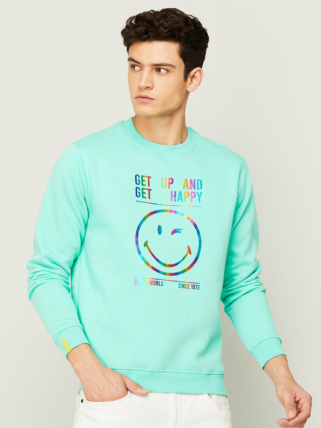 

SmileyWorld Men Sea Green Printed Cotton Sweatshirt