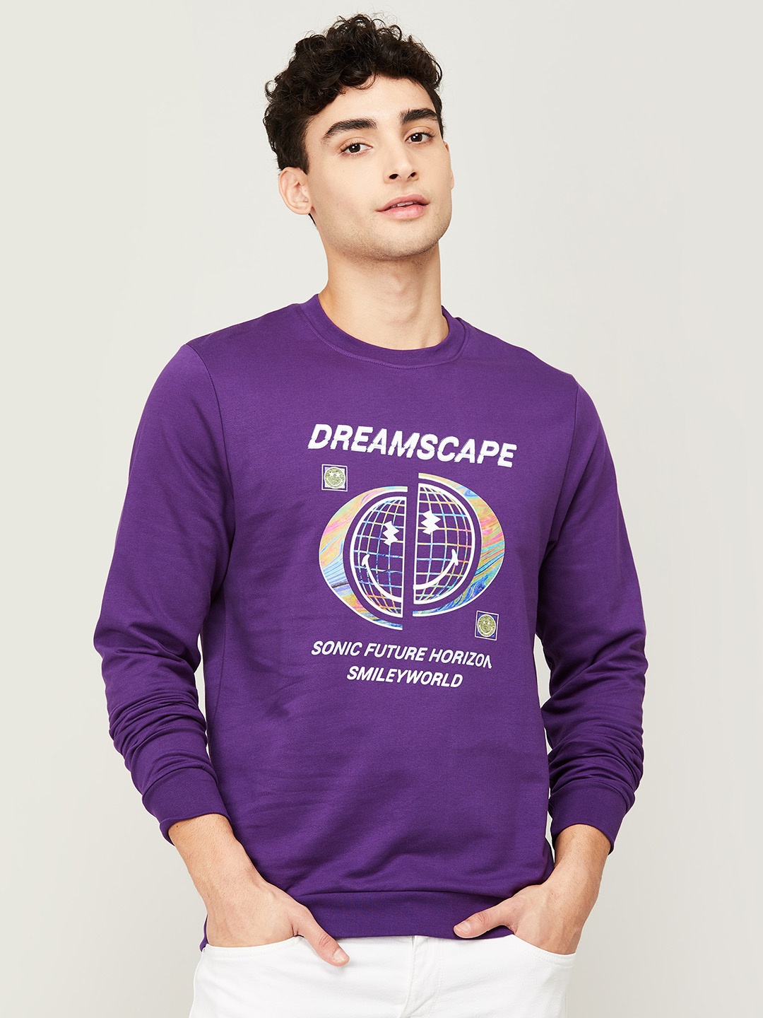 

SmileyWorld Men Purple Printed Cotton Sweatshirt