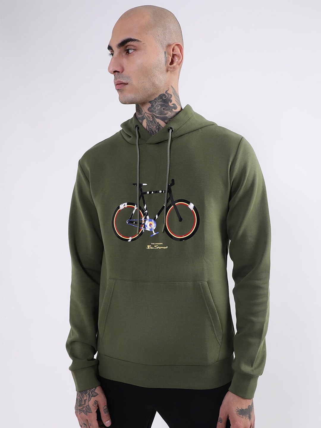 

BEN SHERMAN Men Olive Green Printed Hooded Sweatshirt