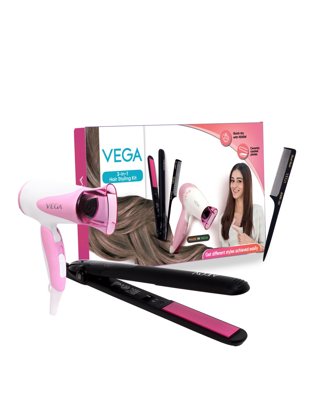 

VEGA 3-in-1 Hair Styling Hair Straightener + Dryer + Comb Combo - VGGP-07, Pink